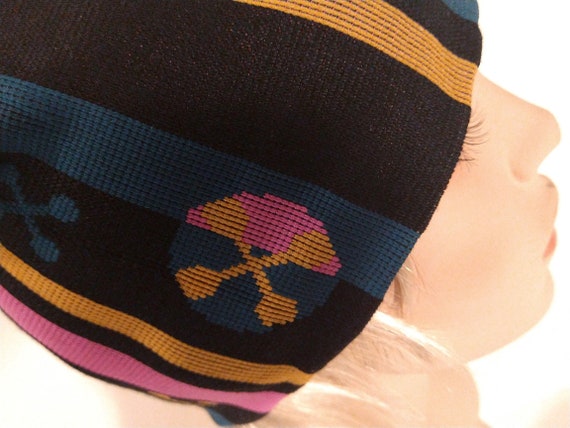 Vintage Women's BRAINWEAR Knit Hat, Black Pink Ye… - image 5