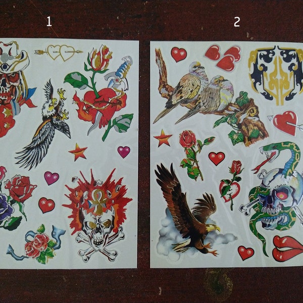 1990s BODY ART Temporary Tattoos Vintage Fashion, Riders Rebels Art, Skulls, Flying Eagles, Hearts, Dark Roses, Rare Vintage Collectors Item