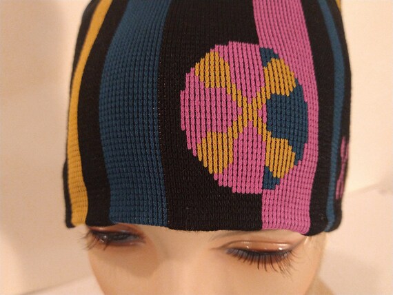 Vintage Women's BRAINWEAR Knit Hat, Black Pink Ye… - image 2