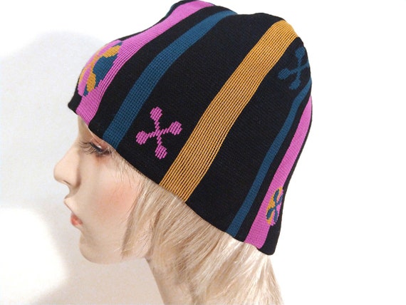 Vintage Women's BRAINWEAR Knit Hat, Black Pink Ye… - image 4