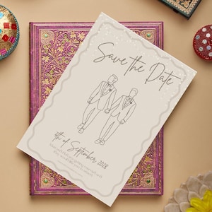 Minimalistische Gay Hochzeit Save the Date Vorlage | Elegante zwei Männer gleichgeschlechtliche Ehe einladen | Klassische LGBTQ+ Hochzeitskarte