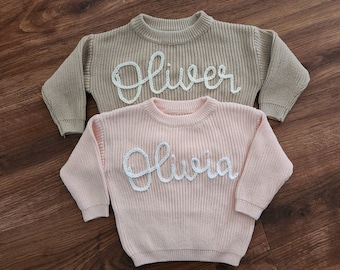 Hand embroidered personalized toddler and baby name sweater/ keepsake/ boy and girl sweaters