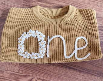 Hand embroidered girls 1st birthday sweater/ gifts/ keepsake/heirloom