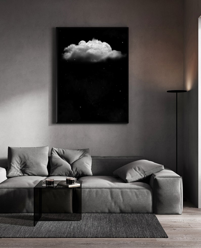 Dark Aesthetic Cloud Print of the Night Sky, Moody Black Modern Wall