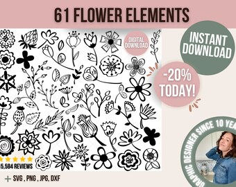 handdrawn flower clipart, line art, botanical clipart wildflower, PNG, EPS, logo design elements, wedding invitation, delicate