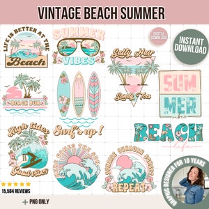 Paquete PNG de verano de playa vintage - Archivos de corte retro de surf y palmeras para camisetas, pegatinas, decoración - PNG de fondo transparente de alta calidad