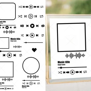 May include: A black and white graphic design template for a music playlist. The template features a square frame with a black border, a play button, and a series of vertical lines representing a sound wave. The text "Music title" and "Singer name" are included in the template.