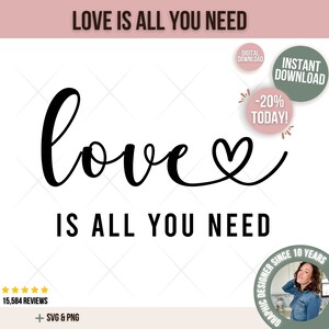 以下が含まれることがあります： 「love」というテキストが筆記体で書かれており、最後にハートマークが付けられています。テキストの下には「is all you need」というテキストが書かれています。