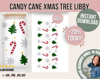 Candy Cane and Christmas tree Libbey glass svg, holiday Christmas svg file cup wrap for libbey 16oz can glass, svg, Cricut and Silhouette