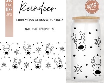 Christmas Reindeer with Christmas Tree Beer Can Glass Svg, 16oz Libbey Full Wrap Svg, Winter Holiday Svg, Cute Xmas Svg, Libbey Template