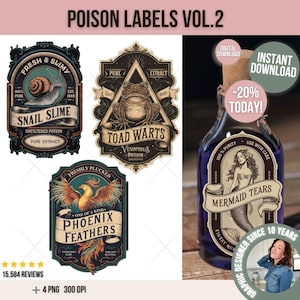 Poison Labels Vol.2 | Witch Potion Bottle Labels | Halloween Apothecary PNG | Fantasy Ingredients Clipart | Gothic Bottle Sticker Printables