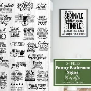 Puede incluir: Un conjunto de 34 carteles de baño imprimibles con frases divertidas y humorísticas. Los carteles son de texto negro sobre fondo blanco. El conjunto incluye archivos SVG, PNG, DXF y EPS.