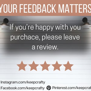 May include: A rectangular sign with a tan header reading YOUR FEEDBACK MATTERS. The white background features two black wall lamps and text reading If you&rsquo;re happy with you purchace, please leave a review. Five tan stars and social media links follow.