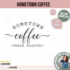 Puede incluir: Diseño gráfico en blanco y negro con el texto "HOMETOWN COFFEE" y las palabras "coffee" en una fuente cursiva. El texto "FRESH ROASTED" está debajo de la palabra "coffee".