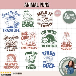 Op de afbeelding: Een verzameling digitale downloadontwerpen met dierenwoordspelingen. Elk ontwerp bevat een dierenillustratie met een humoristische zin, zoals "Trash Life" met een wasbeer en "Tired as Duck" met een eend.
