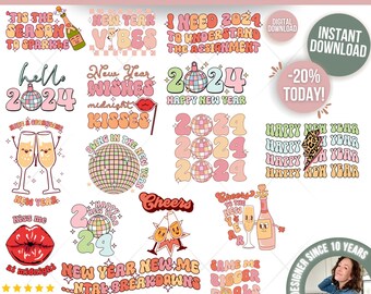 May include: A digital collection of New Year themed graphic designs featuring text like 'Tis the Season to Sparkle', 'New Year Vibes', '2024', 'Happy New Year', 'Cheers', and 'New Year New Me'. The graphics include disco balls, champagne flutes, and lips.
