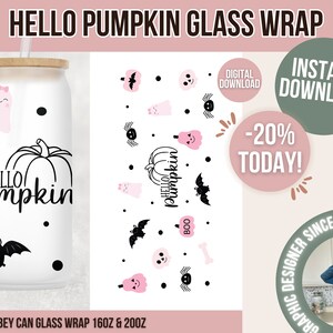 May include: A frosted glass can-shaped tumbler with a bamboo lid and straw, featuring a Halloween-themed wrap design with black text reading HELLO PUMPKIN, pink ghosts, black bats, spiders, and polka dots, available for 16oz and 20oz glass sizes.
