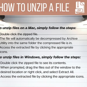 May include: An instructional graphic with a brown header titled HOW TO UNZIP A FILE and a white zip icon. The text provides step-by-step instructions for decompressing files on Mac and Windows operating systems, set against a white horizontal plank background.