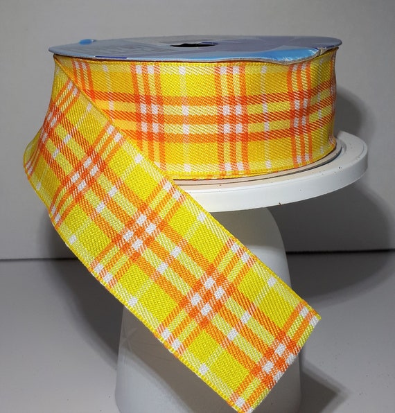 25 Yards of 1 1/2 Inch YELLOW and ORANGE PLAID Woven Wired Ribbon Suited  for Spring, Summer and Fall Projects 