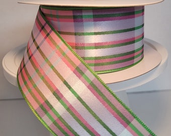 1.5 inches Pink and Green fine, plaid ribbon ready to decorate your wreaths, wedding flowers  in spring and summer colours.