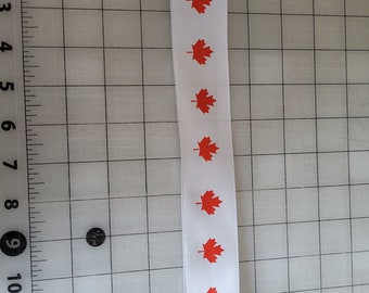 1 1/2 inch 30 feet RED MAPLE LEAVES on white satin background