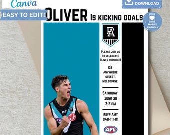 May include: A customizable invitation with the text "OLIVER IS KICKING GOALS." The invitation features a photo of a person in a sports uniform, a teal background, and event details. Includes the text "EDIT IN CANVA" and "INSTANT DOWNLOAD."