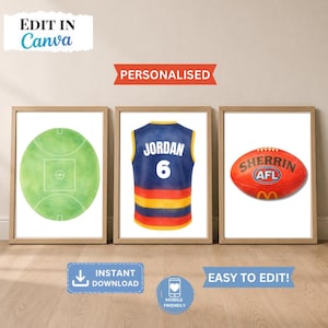 AFL-posterset Adelaide Crows voetbalshirt print, aangepaste naam en nummering (digitale download)