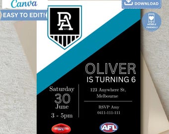 May include: A birthday invitation with a black, white, and teal design. The invitation includes the text "OLIVER IS TURNING 6" and event details. The design features the text "EDIT IN CANVA" and "EASY TO EDIT!" at the top.