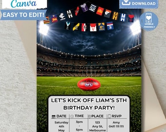 AFL Football Footy Birthday Invitation Template, Kids Sports Party Invite, Canva Editable (Digital Download)