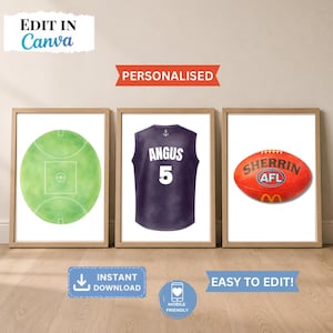 May include: Three framed prints with sports illustrations. One depicts a green field, another a purple jersey with "ANGUS 5", and the last an orange Sherrin AFL football. The prints are labelled "Personalised", "Instant Download", and "Easy to Edit!"