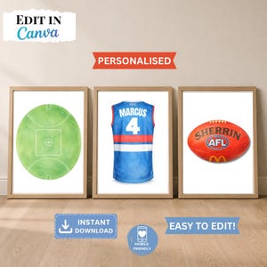 May include: Three framed prints with sports imagery. One depicts a green field, another a blue and white jersey with "MARCUS 4", and the last an orange football with "SHERRIN AFL". The prints are labeled "PERSONALIZED", "INSTANT DOWNLOAD", and "EASY TO EDIT!"