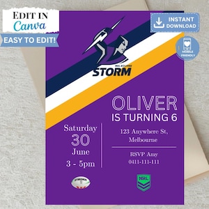Può includere: Un invito di compleanno viola con la scritta "OLIVER COMPIE 6". Il design include il logo Melbourne Storm, una striscia diagonale gialla e blu navy e la scritta "MODIFICA IN CANVA". L'invito è compatibile con i dispositivi mobili.