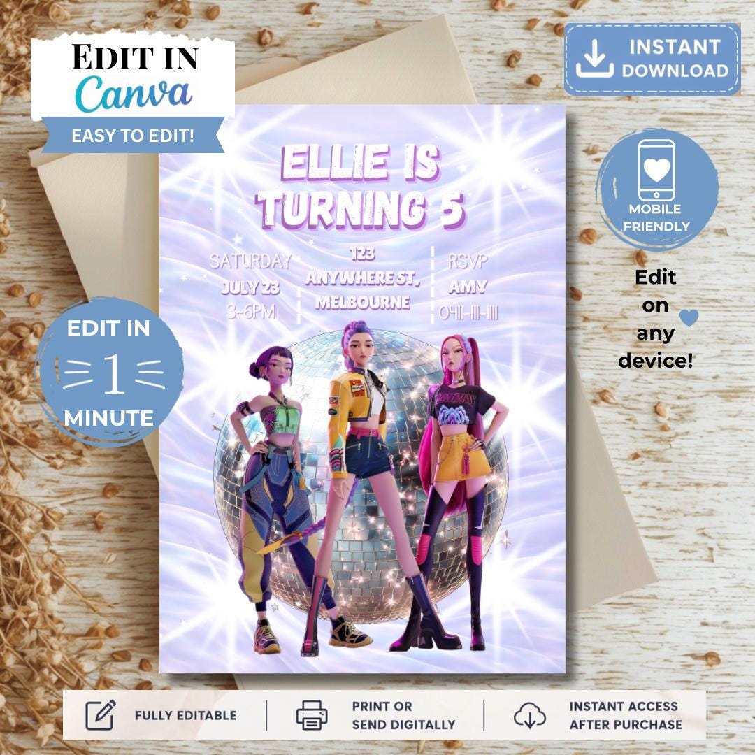 Huntrrex Huntrex K-POP Demon Hunters Birthday Invitation, Canva Editable Party ...