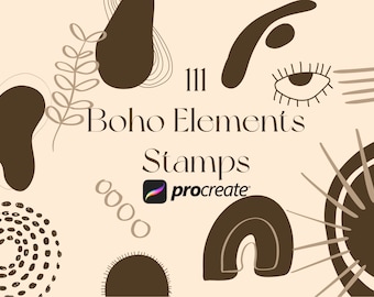 May include: 111 Boho Elements Stamps for Procreate. A digital art stamp set featuring abstract shapes, lines, and patterns in brown and beige on a light beige background.