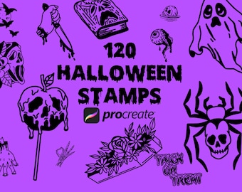 May include: 120 Halloween stamps for Procreate, featuring spooky illustrations like a ghost, spider, skull, and apple. The stamps are black and white on a purple background.