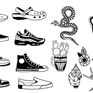 May include: A set of black and white illustrations featuring various items, including sneakers, a snake, a vase with a skull, a cactus, a flower, a gun, and two swallows.
