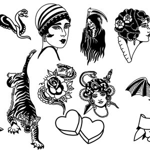 May include: A collection of black and white tattoo flash designs. The designs include a grim reaper, a snake, a woman with a flower in her hair, a tiger, a rose with a snake, a woman with a snake in her hair, a bat, two hearts, and a banner with a flower.
