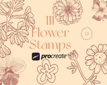 May include: A digital illustration of 111 flower stamps for Procreate. The image features a variety of flowers in a line drawing style, including daisies, orchids, and other floral designs.