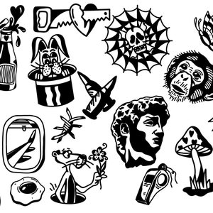 May include: Black and white illustrations of various tattoo designs, including a skull in a spiderweb, a rabbit in a top hat, a monkey face, a snake, a mushroom, a plane window, a flower, a knife, a saw, a bottle, a compass, a human head, and a spider.