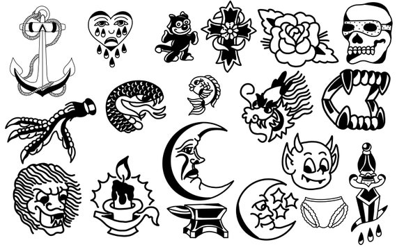 Traditional Tattoo Flash Sheet: Vintage Designs with Bold Lines