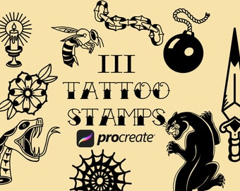 May include: A set of 10 black and white tattoo stamps for Procreate. The stamps include a snake, a flower, a bee, a bomb, a dagger, a chain, a spiderweb, a candle, a panther, and the text "III Tattoo Stamps".