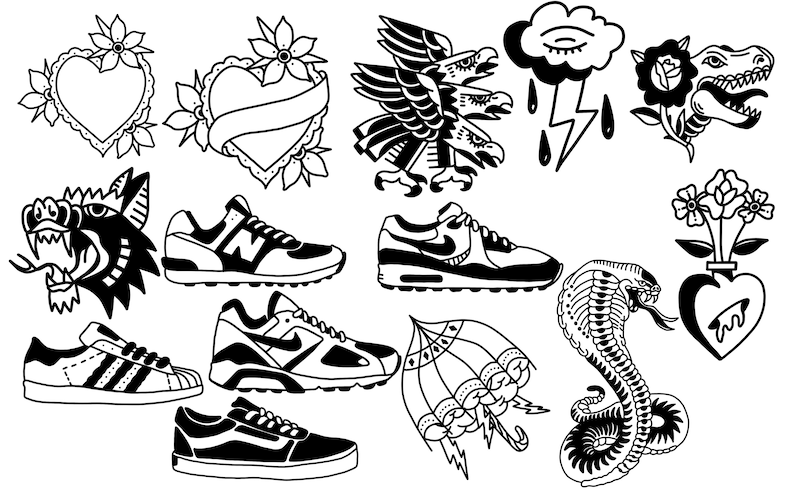May include: Black and white illustration of various tattoo designs, including a wolf, a heart with flowers, a snake, a bird, a cloud with an eye, a lightning bolt, a heart with flowers, and a dinosaur. The designs are in a traditional tattoo style.