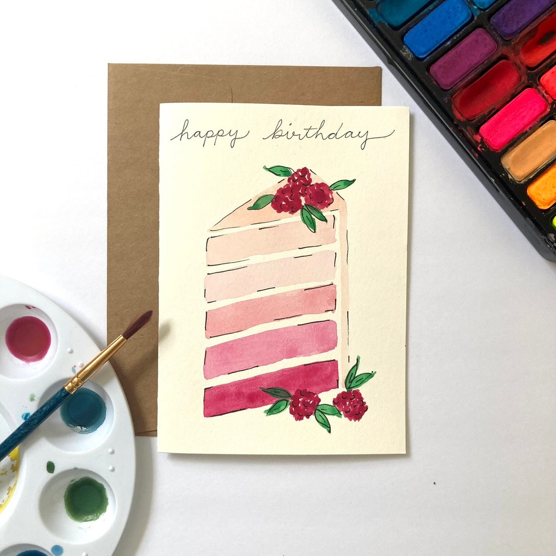 Handpainted Birthday Card, Birthday Cake Card, Blank Card With