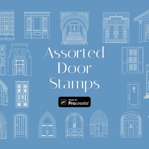 Puede incluir: Un conjunto de 16 sellos digitales que presentan varios diseños de puertas en un contorno blanco sobre un fondo azul. Los sellos están etiquetados como "Assorted Door Stamps" y "Made for Procreate".