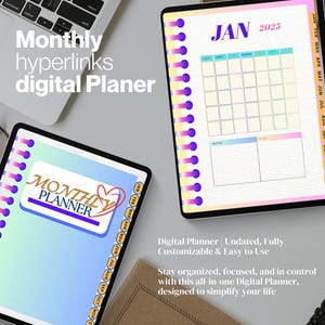 May include: A digital planner with a colorful design. The planner has a monthly calendar view with a notes section. The planner is undated and customizable. The text "Monthly Planner" is displayed on the cover.