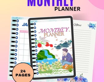 May include: A digital monthly planner with 24 pages. The cover features a watercolor illustration of a waterfall, flowers, and a person sitting on a rock. The text "MONTHLY PLANNER" is written in a decorative font.