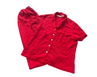 Vintage Orvis Red Linen Button Up Short Sleeve Top Matching Skirt Set Women's 16