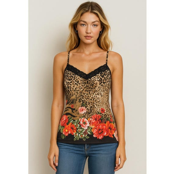 Cache Leopard Animal Print Floral Lace Trim Cami … - image 1