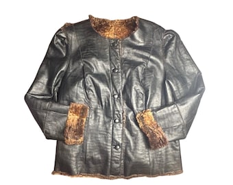 Vintage Spanish Rabbit Fur Lined Leather Jacket Black Leather 90 Y2K Winter Coat