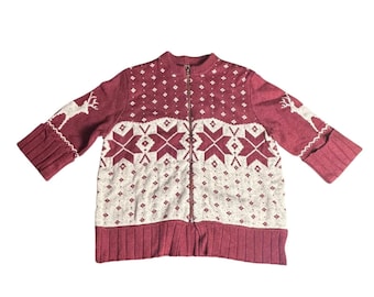 Woolrich Women Burgundy Tan Fair Isle Reindeer Zipper Sweater Large Merino Wool